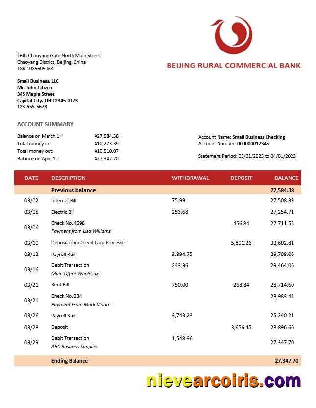 Beijing Rural Commercial Bank company statement